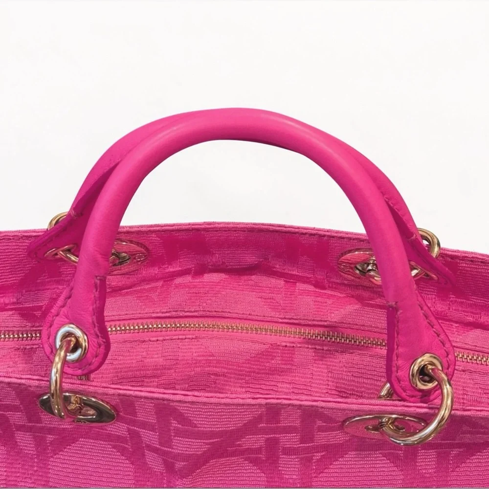 Auth LADY DIOR East West tote bag fushia Pink cannage silk jacquard Handbag RARE